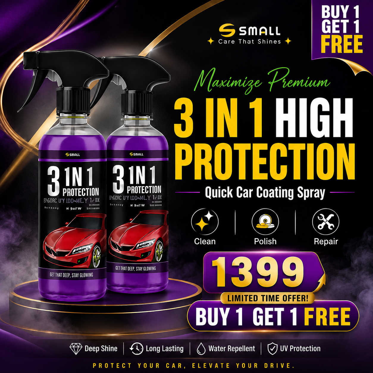 Premium Quality 3 In 1 High Protection Quick Car Coating Spray 🔥| Buy 1 Get 1 Free