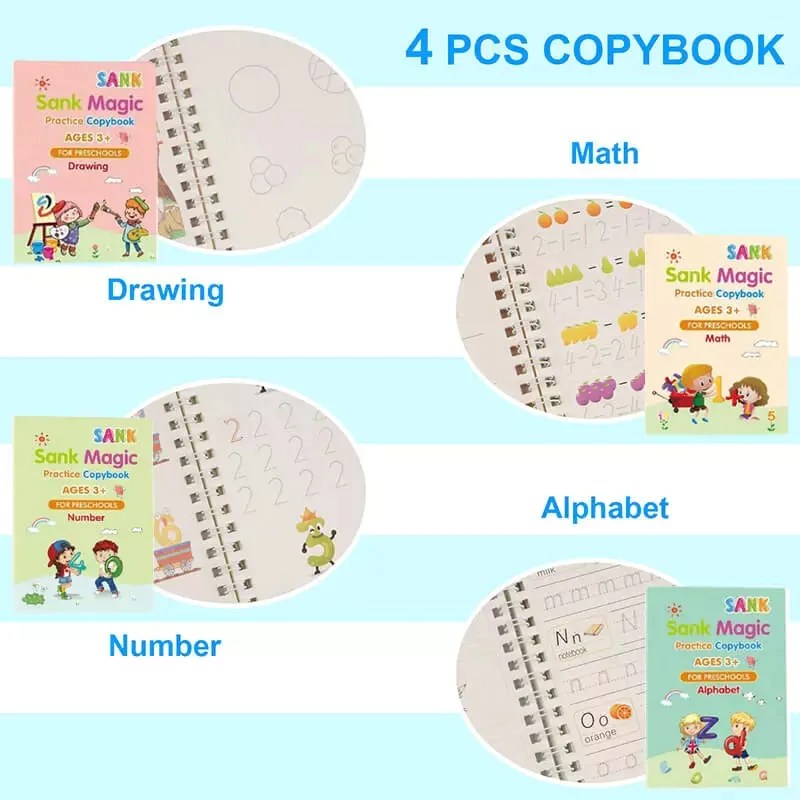 Kids Magic Practice Book (4 Books + 1 Pen + 1 Grip + 10 Refill)